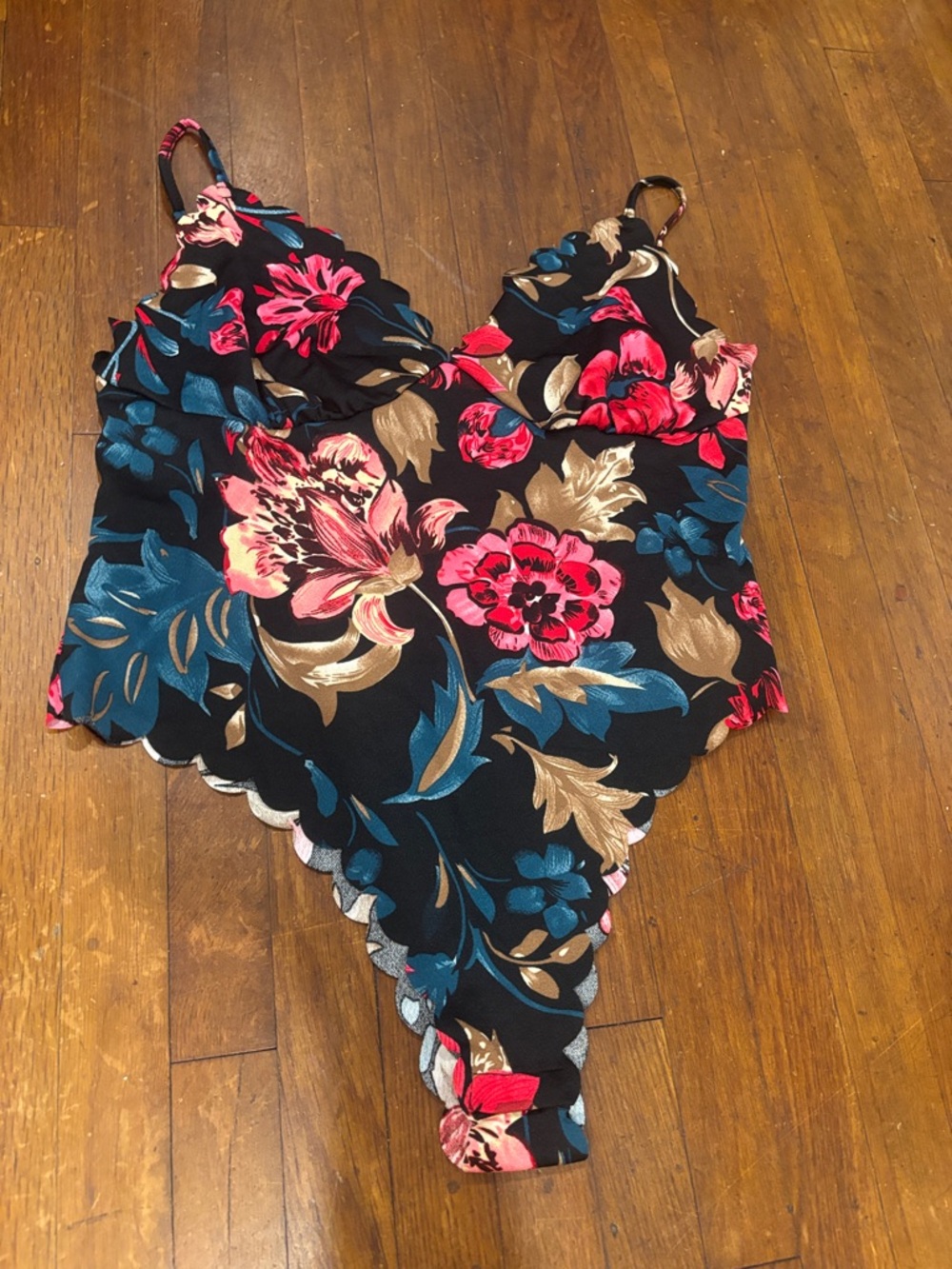 SHEIN Black Floral Scallop-Edge Bodysuit with Pink, Blue & Gold Flowers
